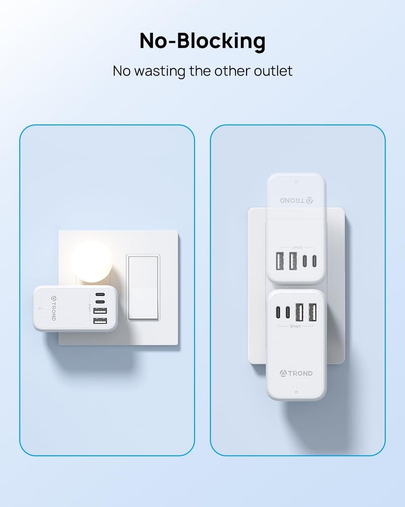TROND Outlet Splitter with 360 Rotating Plug, 3 AC Plug Extender with 2 USB-C & 2 USB-A Ports, Additional Outlets Off to Side, Useful Adapter with Rotating Design for Home Travel Cruise Essentials - Image 5